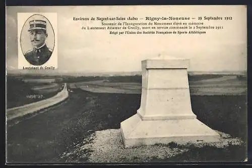 AK Rigny-la-Noneuse, Monument en mémoire du Lieutenant Aviateur de Grailly inauguré en 1912