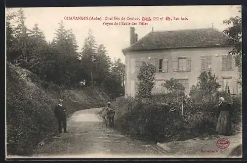 AK Chavanges, Vue de l`École des Filles et chemin bordé d`arbres