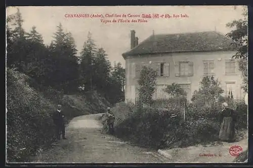AK Chavanges, Vue de l`École des Filles et chemin bordé d`arbres