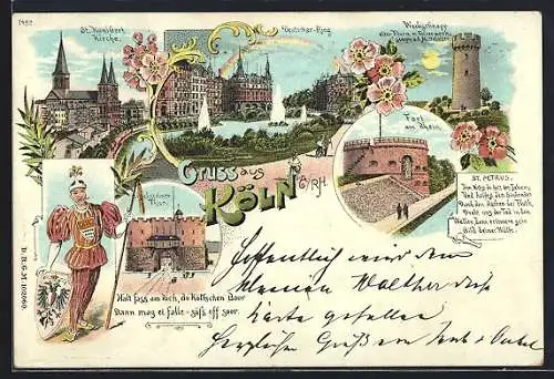 Lithographie Köln, St. Kunibert-Kirche, Eigelsteiner Tor, Fort am Rhein