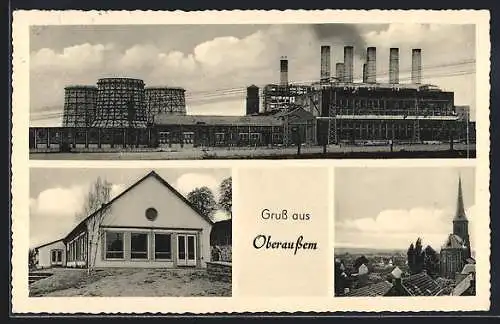 AK Oberaussem, Kraftwerk, Weisses Gebäude, Teilansicht mit Kirche