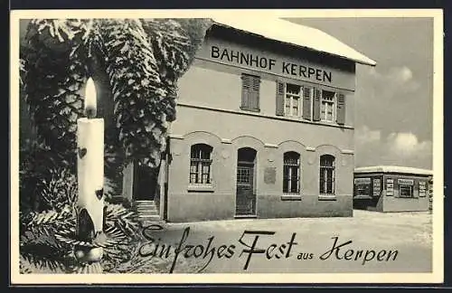 AK Kerpen / Rheinl., Bahnhof, Kerze und Tannenzapfen, Zeitschriften-Kiosk