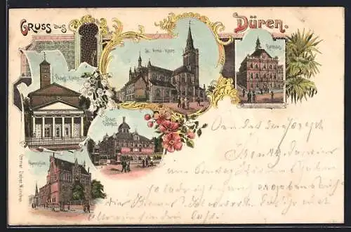 Lithographie Düren, St. Anna Kirche, protestantische Kirche Städt. Volksbad, Rathaus und Gymnasium