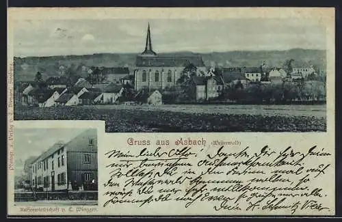 Mondschein-AK Asbach /Westerwald, Gasthaus von C. Winggen und Ortsansicht