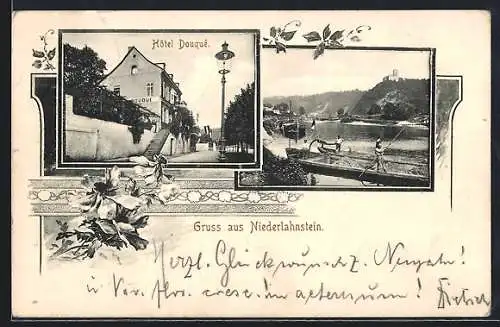 AK Niederlahnstein, Hotel Douqué und Flusspartie im Blumen-Passepartout
