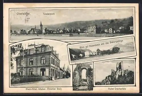 AK Oberwinter, Rheinhotel, Ruine Drachenfels, Blick auf Rolandseck & das Siebengebirge