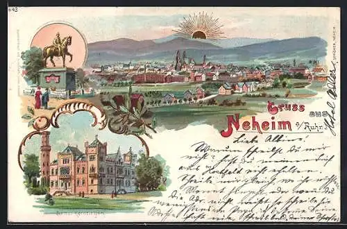 Lithographie Neheim a. Ruhr, Teilansicht, Schloss Herdringen, Denkmal