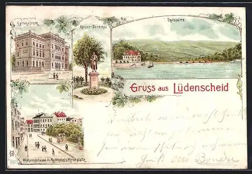 Lithographie Lüdenscheid, Gymnasium, Wilhelmstrasse mit Rathaus und Kirchplatz, Kaiser-Denkmal und Thalsperre