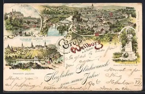 Lithographie Weilburg a. d. Lahn, Schloss, Johann-Ernst zu Nassau Weilburg-Denkmal und Ortsansicht