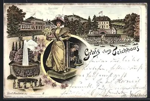 Lithographie Bad Nauheim, Kurhaus Teichhaus mit Sprudel