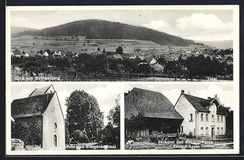 AK Rothselberg, Geschäft von Eduard Appel, Protest. Kirche und Kriegerdenkmal, Totalansicht