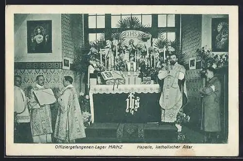 AK Mainz, Offiziergefangenen-Lager, Kapelle, Kath. Altar, Messe