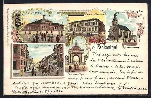 Lithographie Frankenthal / Pfalz, Bahnhofstrasse, Kath. Kirche und Karolinen-Institut