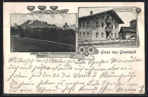 AK Grainbach, Gasthaus von Wolfgang Maurer und Ortsansicht im Jugendstil-Passepartout