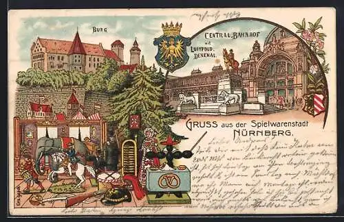 Lithographie Nürnberg, Central-Bahnhof mit Luitpold-Denkmal, Burg und Spielzeuge