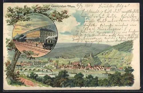Lithographie Gemünden a. Main, Bahnhof, Gesamtansicht aus der Vogelschau