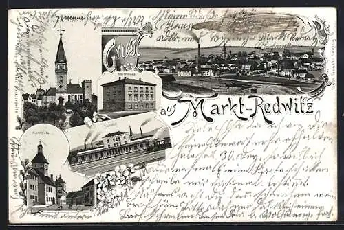 Lithographie Markt-Redwitz, Protest. Kirche, Waisenhaus, Marktplatz, Bahnhof, Totalansicht