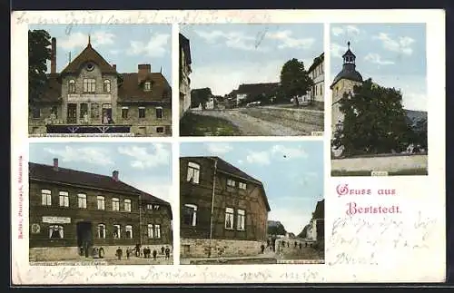 AK Berlstedt, Gasthaus z. Weintraube v. Emil Fischer, Dampf-Molkerei, Saat m. Blick n. d. Plan, Kirche