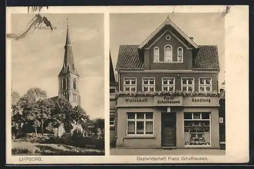 AK Lippborg, Gasthaus von Franz Schafhausen, Blick auf die Pfarrkirche