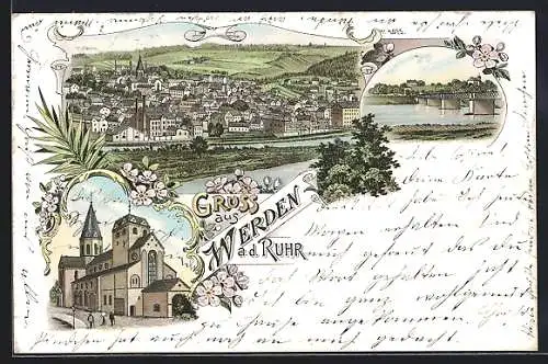 Lithographie Werden a. d. Ruhr, Kirche, Flusspartie und Ortsansicht