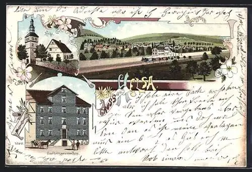 Lithographie Helsa, Gasthaus z. weissen Ross, Kirche