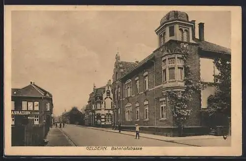 AK Geldern, Bahnhofstrasse mit Restaurant Köhne