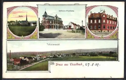 AK Vieselbach, Sparkasse und Kriegerdenkmal, Kaiserliches Postamt, Kirche