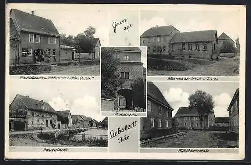 AK Liebstedt /Thür., Bahnhofstrasse, Pfiffelbacherstrasse, Materialwaren- u. Kohlenhandel Walter Ehrhardt, Burgeingang