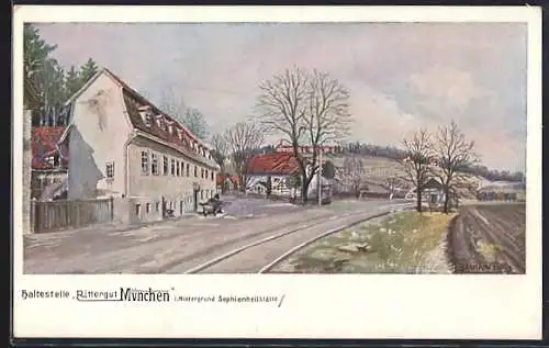 Künstler-AK München / Bad Berka, Haltestelle Rittergut mit Sophienheilstätte im Hintergrund
