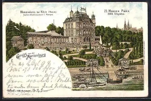 Lithographie Köln /Rhein, Restaurant Marienburg mit Besuchern, Inh. Becher