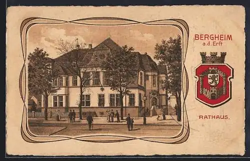 Lithographie Bergheim a. d. Erft, Blick auf das Rathaus, Passepartout mit Wappen