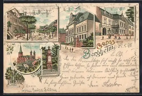 Lithographie Bergheim / Erft, Hotel Weidenbach, Kath. Kirche, Hauptstrasse, Ständehaus