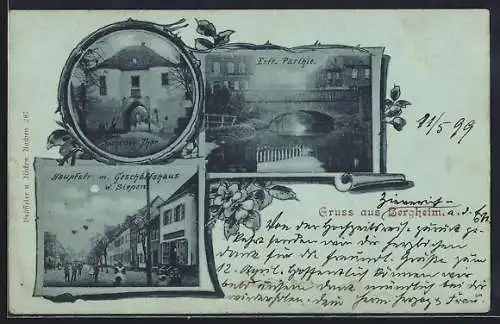 Mondschein-AK Bergheim / Erft, Haupstrasse mit Geschäftshaus W. Siepen, Erft Partie, Aachenener Thor