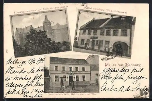 AK Bedburg / Erft, Hotel Schwinges und Gasthaus von Wilh. Heidemann, Ritterakademie vom Hotel aus gesehen