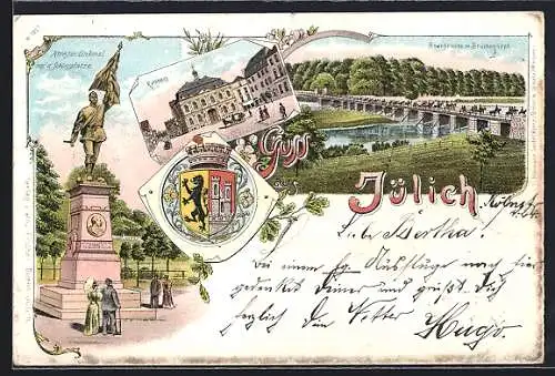 Lithographie Jülich, Rathaus, Kriegerdenkmal auf dem Schlossplatz, Roerbrücke
