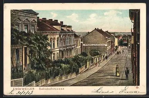 Lithographie Eschweiler, Ortspartie mit Bahnhofstrasse