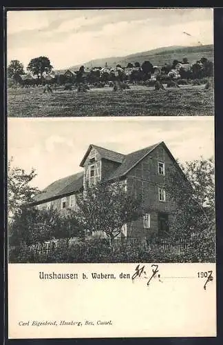 AK Unshausen b. Wabern, Haus mit Garten, Ortsansicht