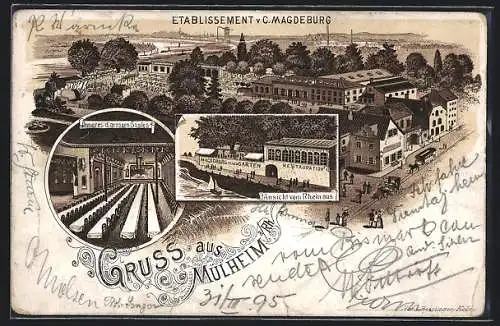Vorläufer-Lithographie Mülheim a. Rh., 1895, Etablissement v. C. Magdeburg, Ansicht vom Rhein, Grosser Saal
