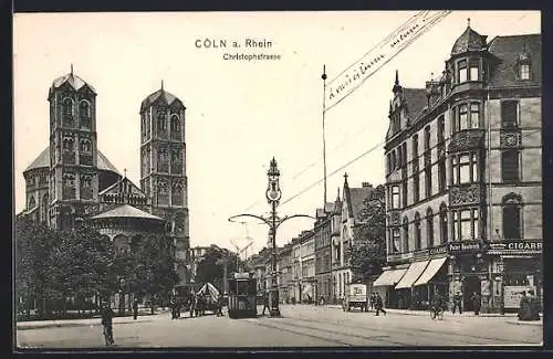 AK Köln a. Rhein, Strassenbahn und Fuhrwerk in der Christophstrasse