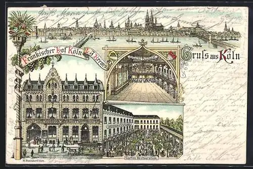 Lithographie Köln, Restauration Fränkischer Hof v. L. J. Brems, Grosser Festsaal, Garten