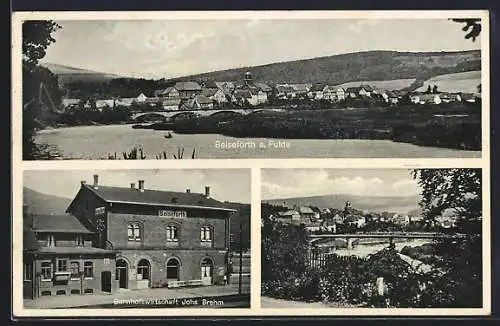AK Beiseförth a. Fulda, Bahnhofswirtschaft Johs. Brehm, Ortsansicht