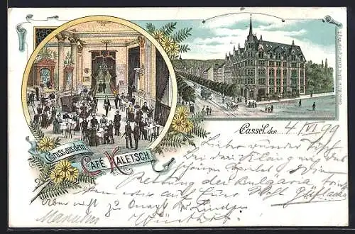 Lithographie Kassel, Cafe Kaletsch, Aussen- u. Innenansicht, Pferdebahn