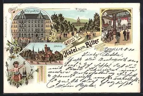 Lithographie Kassel, Hotel zum Ritter, Löwenburg