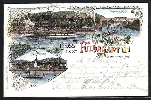 Lithographie Spickershausen b. Cassel, Gasthaus Fuldagarten, Kragenhofer Brücke