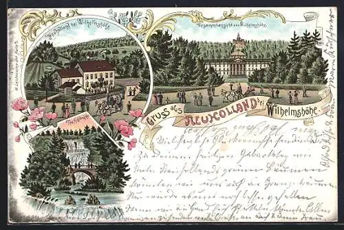 Lithographie Neuholland b. Wilhelmshöhe, Schloss Wilhelmshöhe, Herkules, Teufelsbrücke