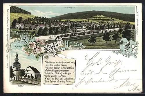 Lithographie Helsa i. Hessen, Totalansicht mit Eisenbahn, Kirche