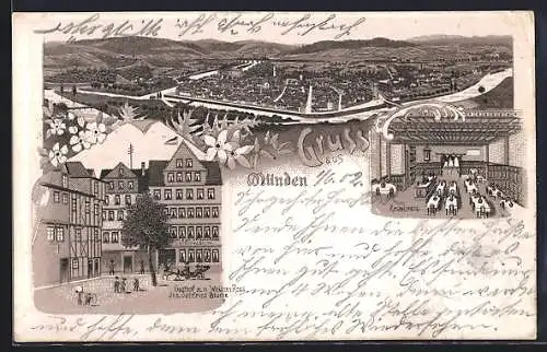 Lithographie Münden / Hann., Gasthof zum Weissen Ross, Inh. Gottfried Blume, Ortsansicht