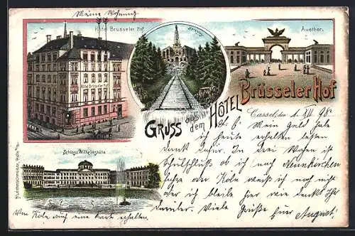 Lithographie Kassel, Hotel Brüsseler Hof, Schloss Wilhelmshöhe & Herkules