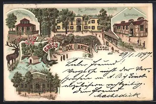 Lithographie Cassel, Zool. Garten, Schlösschen Schönfeld, Raubtierhaus