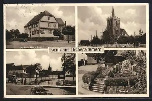AK Niederzimmern, Gasthaus Herm. Bloss, Kirche, Denkmal, Dorfplatz